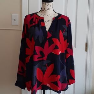 Ann Taylor Navy & Red Long-Sleeved Blouse